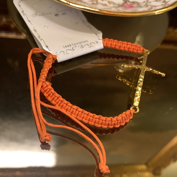 Orange Macrame Gold Cross Bracelet - Picture 2 of 4